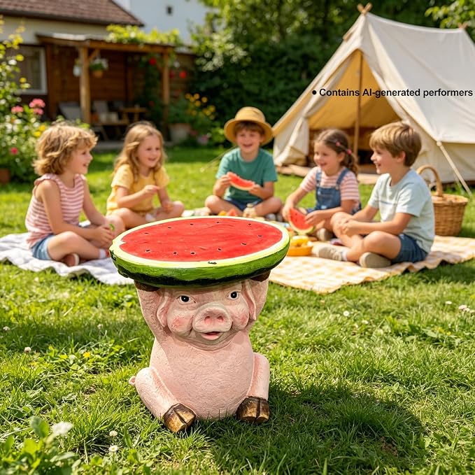 13.4 Inch Tall Pig Side Table Garden Decor Outdoor Resin Statue | Whimsical Watermelon Tray, Plant Stand, End Table Figurine, Weather Resistant