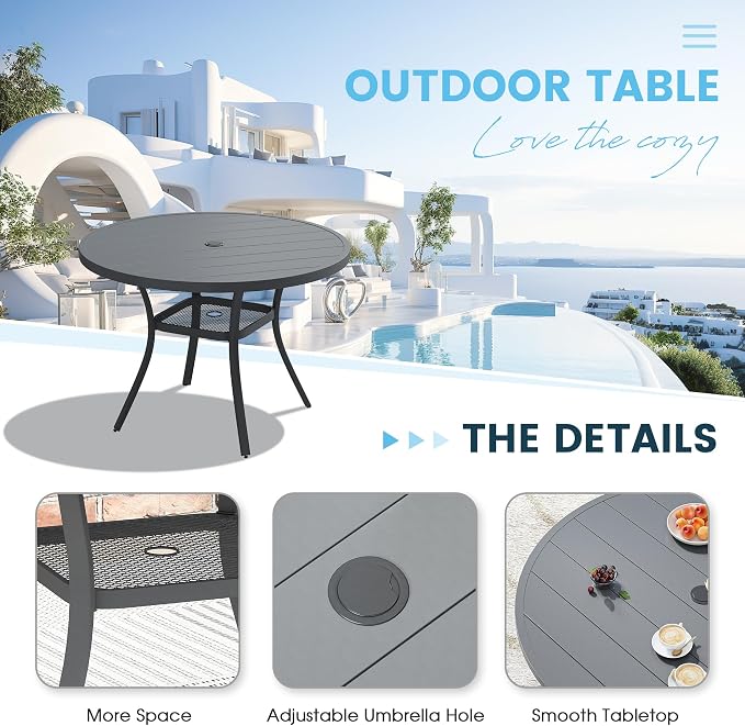 5 Pieces Patio Furniture Dining Set, 4 Textilene Swivel Dining Chairs, 41" Outdoor Round Metal Table with 1.57" Umbrella Hole, Outdoor Dining Set for Porch, Lawn, Dark Grey/Grey