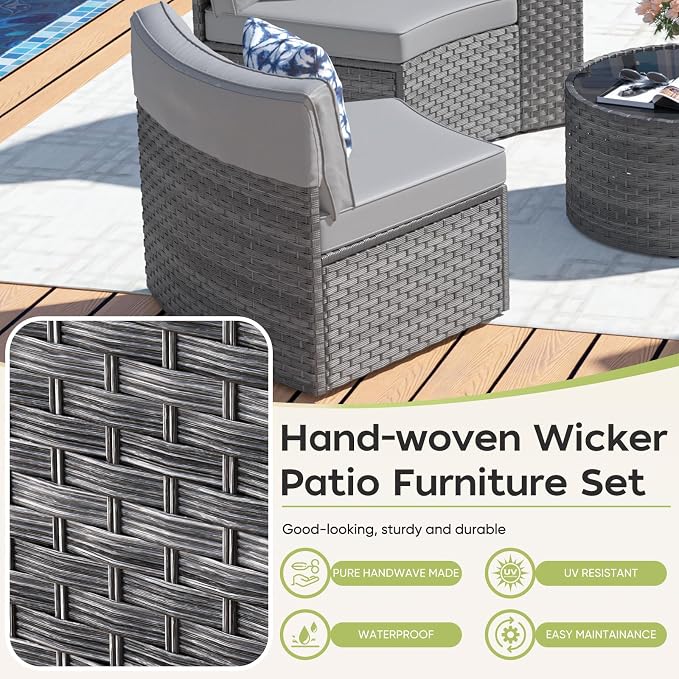 ABCASA Outdoor Patio Furniture Set, 10 Pieces Half-Moon Curved Outdoor Sectional Sofa and Side Table Waterproof Cover, Wicker Rattan Patio Coversation Set for Porch,Backyard(Grey)