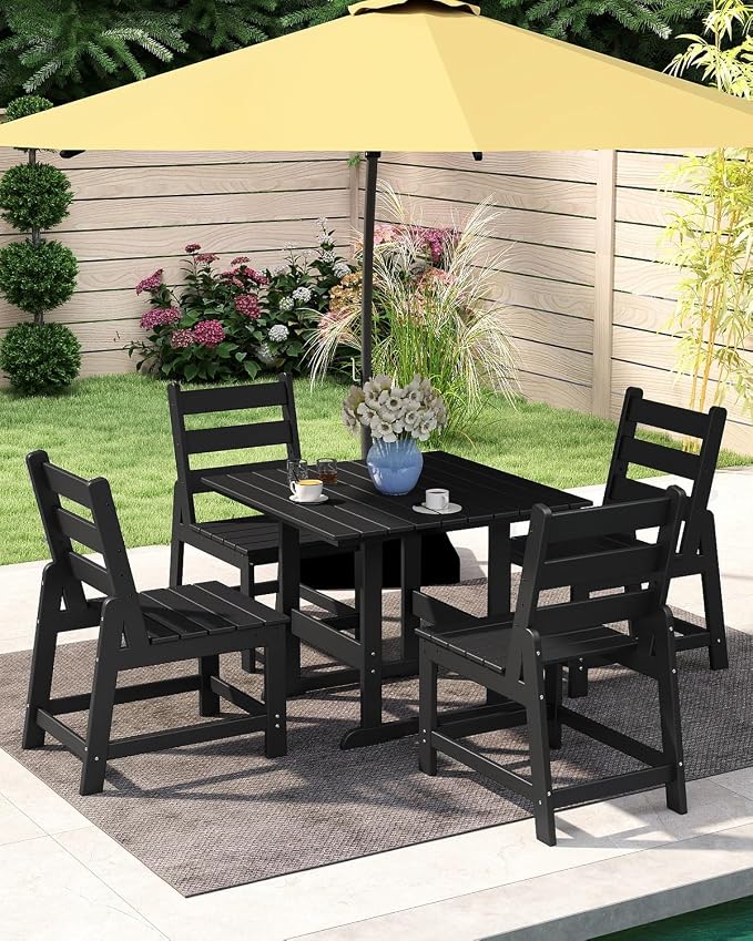 GREENVINES Outdoor-Dining-Table | 35” | HDPE | Patio Furniture | Connectable Square Tables for 4 | Slatted | All-Weather | for Poolside Backyard Garden | Black