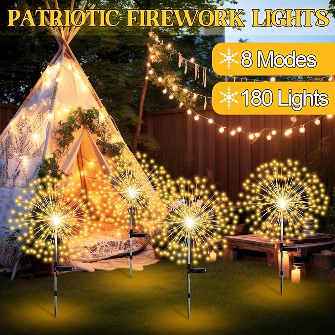 Tujoe 4 Pack Halloween Outdoor Garden Decoration Solar Firework Lights | 200 LED Solar Firework Lights, 8 Lighting Modes, 32" to 51" Height, Outdoor Garden Yard Pathway Party Decoration, Warm