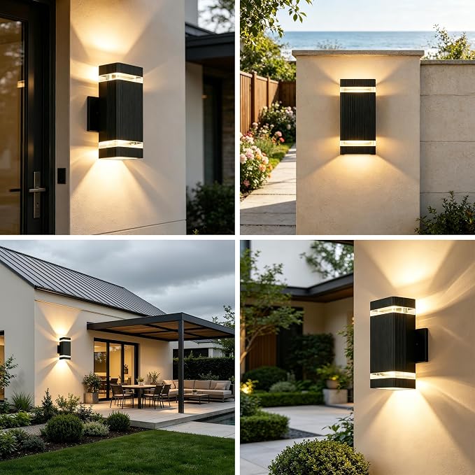 JYV 4 Pack Outdoor Wall Lights, Square Up and Down Porch Lights, Black | Waterproof Exterior Lighting Fixtures, 2x7W 3000K Bulbs, Outdoor Lights for House Porch Garage Patio