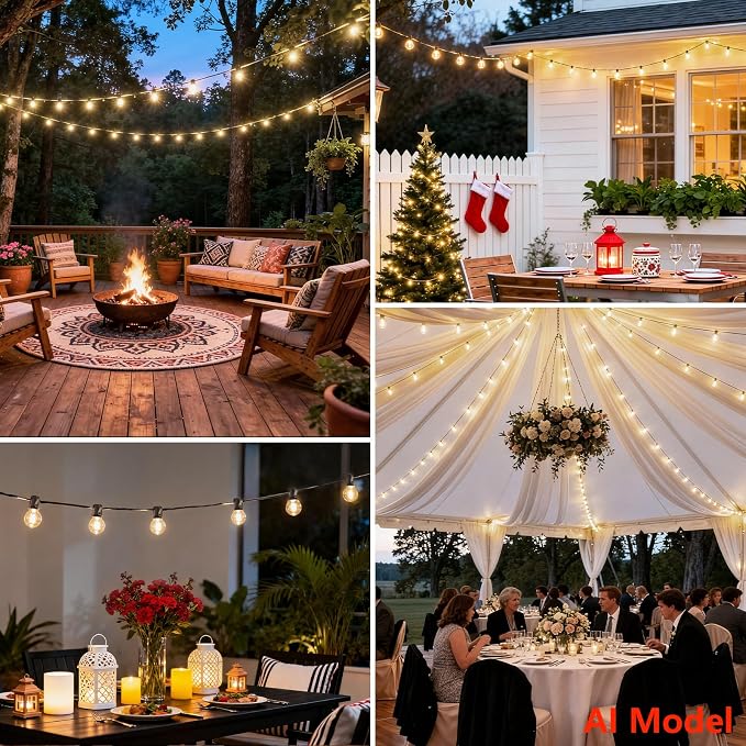 25 FT 2700K Outdoor String Lights,13 Plastic Edison Bulbs, E12 Base | G40 globe shatterproof bulbs, IP65 waterproof, dimmable LED, for backyard porch balcony party decor