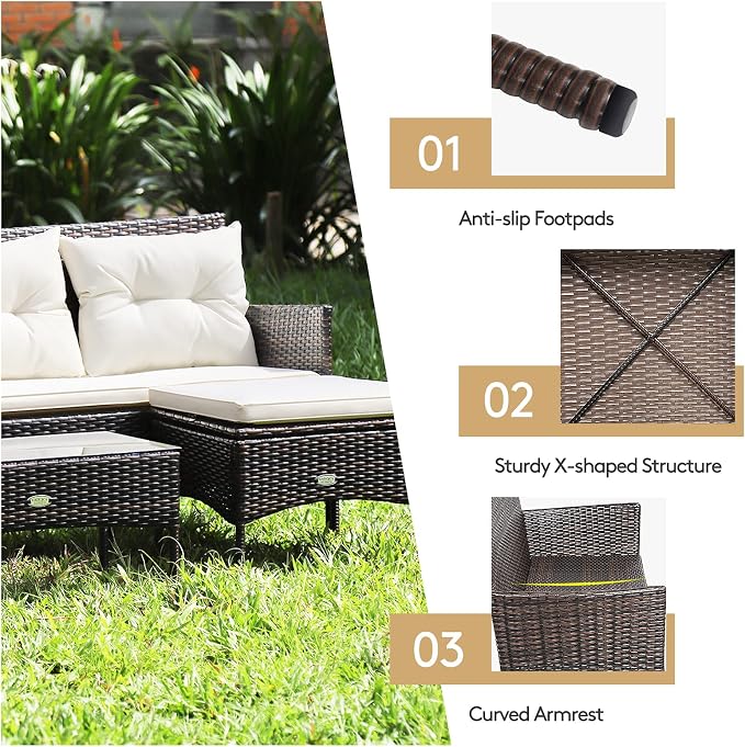 HAPPYGRILL 3PCS Outdoor Rattan Conversation Set Patio Furniture Set with Tempered Glass Coffee Table, 5 Elastic Seat & Back Cushions, Sectional Sofa Set for Poolside Balcony Backyard