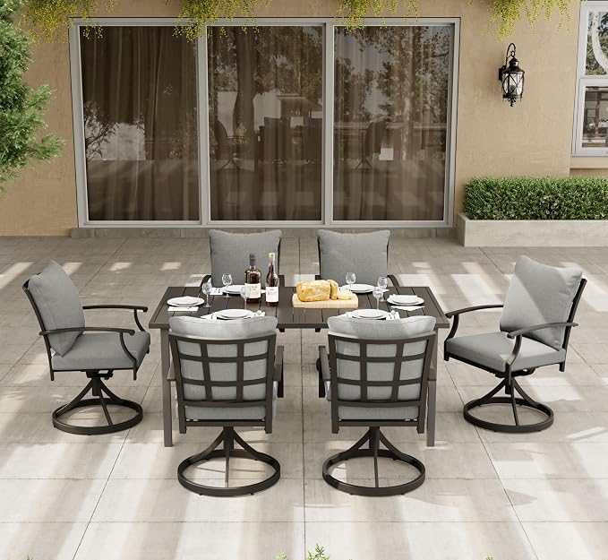 HAPPATIO 7-Piece Patio Dining Set, Outdoor Dining Set with Powder-Coated Metal,Dining Table with Umbrella Hole, 6 Swivel Chairs with Removable Cushions for Porch Poolside Garden,Grey
