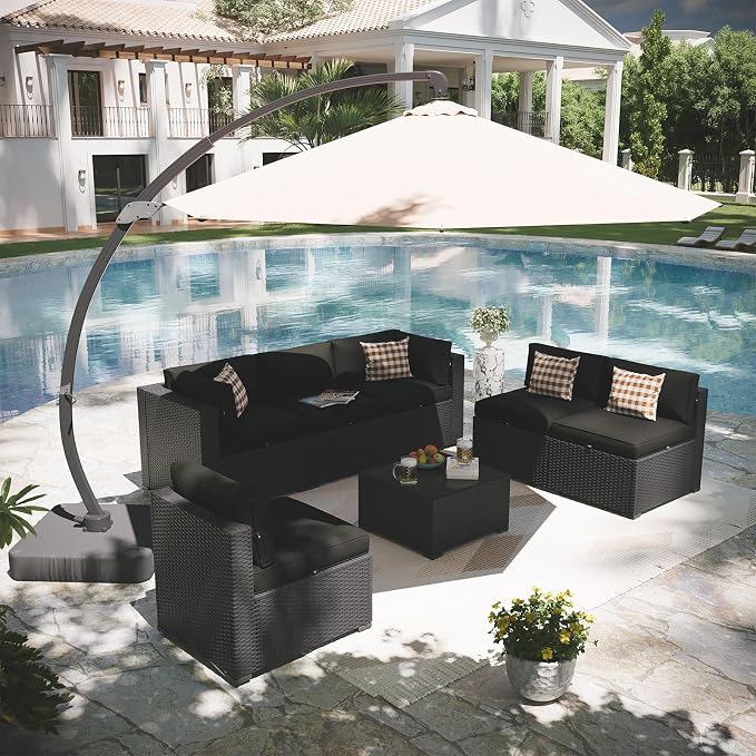Aoxun Patio Furniture Set with Umbrella, 8 Piece Outdoor Sectional Sofas, Wicker Rattan Outdoor Furniture with Thickened Cushion for Backyard, Garden Black
