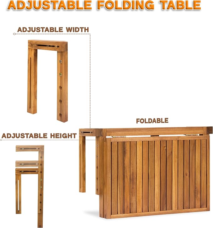 VICTORY RELAX Hanging Balcony Table - Foldable Acacia Wood Patio Table - Small Outdoor Workspace & Dining Table for Balcony Furniture - Temporary Workspace - Natural Color (27.2 x 23.6 x 17.5 Inches)