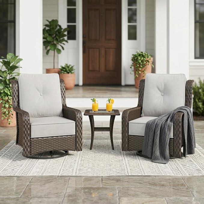 Sundale Outdoor 3 Piece Patio Furniture Set with Side Table, Wicker Outdoor Swivel Chairs with 6" Cushions, High Back Rattan Patio Conversation Sets with Deep Seating for Porch, Yard (Grey)