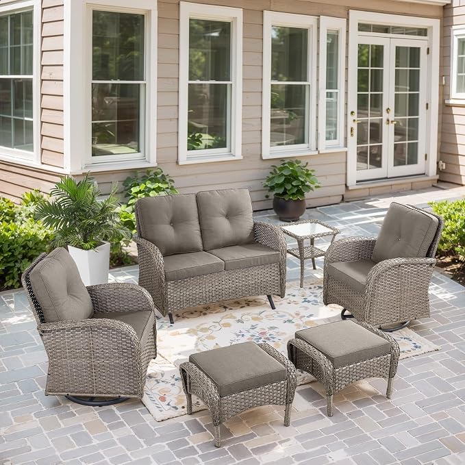 Belord Swivel Patio Chairs Wicker Set - Outdoor Swivel Rocker Chair with Side Table, 3 Piece Patio Glider Chairs Furniture Set with Water-Resistant Cushions for Deck Porch Sunroom Grey Cushion