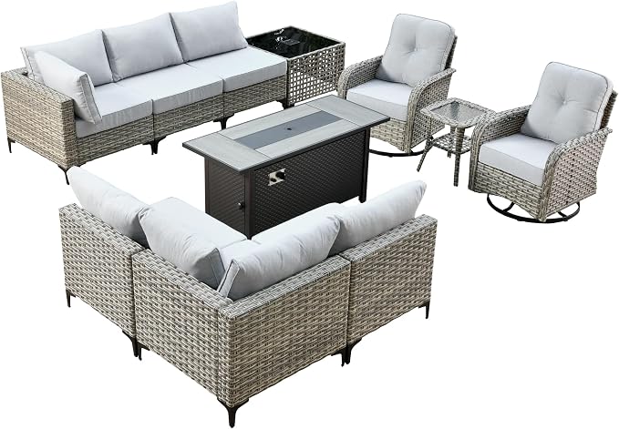 Outdoor Patio Furniture Sets,11 PCS Patio Conversation Set Outside Rattan Sectional Sofa with 54 in Fire Pit Table Wicker Rocking Chair Coffee Table Fit Backyard Porch Garden Poolside Balcony