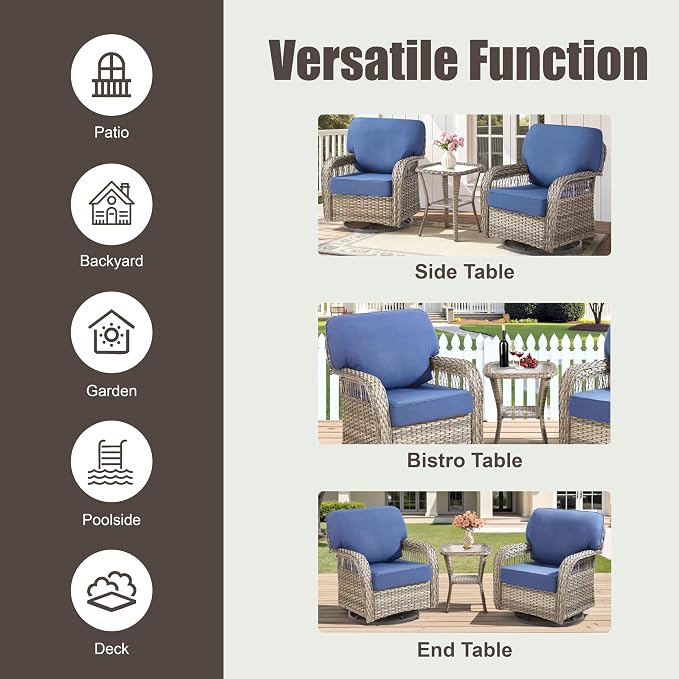 3 Pieces Patio Furniture Set with Swivel Chairs, All Weather Wicker Swivel Rocker Patio Chairs Rattan Side Table, High Back Outdoor Seating Furniture for Deck Porch Sunroom Backyard, Blue