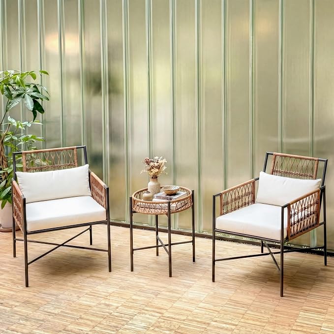 LAUSAINT HOME 3 Piece Patio Furniture Set, Outdoor Wicker Bistro Set with Handwoven PE Rattan Chairs & Round Side Table, Steel Frame Conversation Set for Patio, Balcony, Backyard, Poolside, Beige