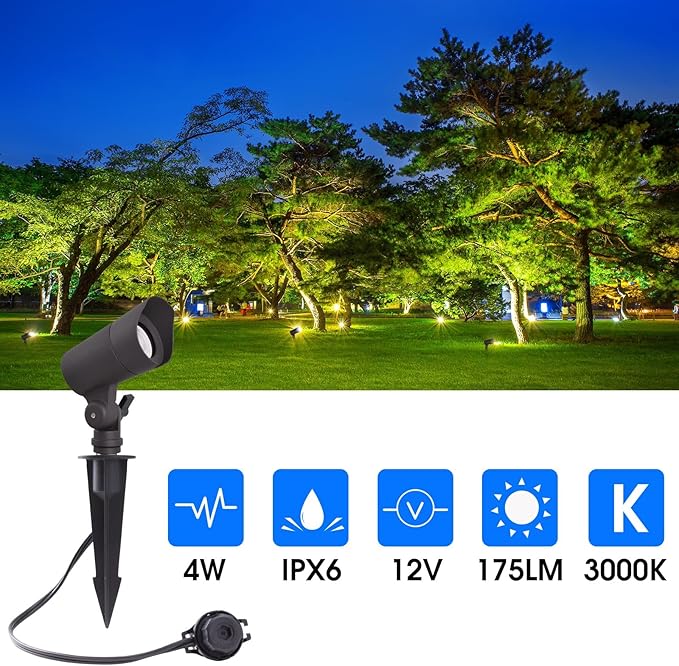 E ENERGETIC LIGHTING LED Landscape Lights with Connectors, 12V Low Voltage, Warm White 3000k, 4W, 175LM, Outdoor Waterproof Garden Pathway Lights Wall Tree Flag Spotlights with Spike Stand, 4 Pack