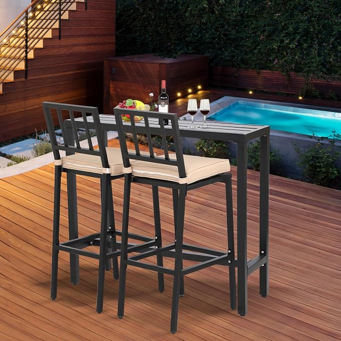 Outdoor Bar Table, Patio Console Pub Height Tables with Powder Coated Steel Frame, Weather Resistant Waterproof Top for Hot Tub, Balcony, Garden, Yard, Poolside (Black, 47" Narrow Bar Table)