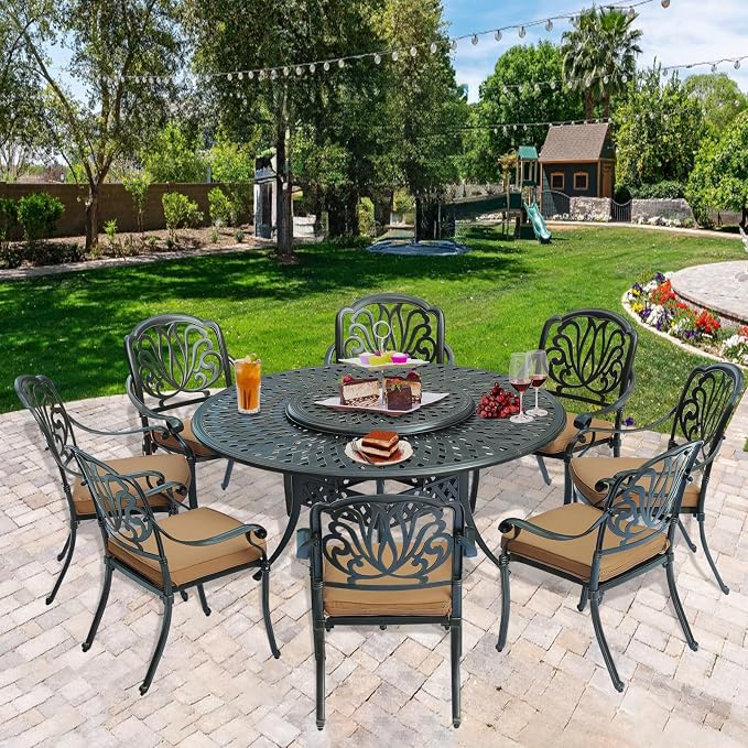 9-Piece Patio Cast Aluminum Dining Set, 8 Person Outdoor Dining Furniture Set, Includes 8 Cushioned Chairs and 61" Large Round Dining Table with 31" Lazy Susan, Umbrella Hole, Tan