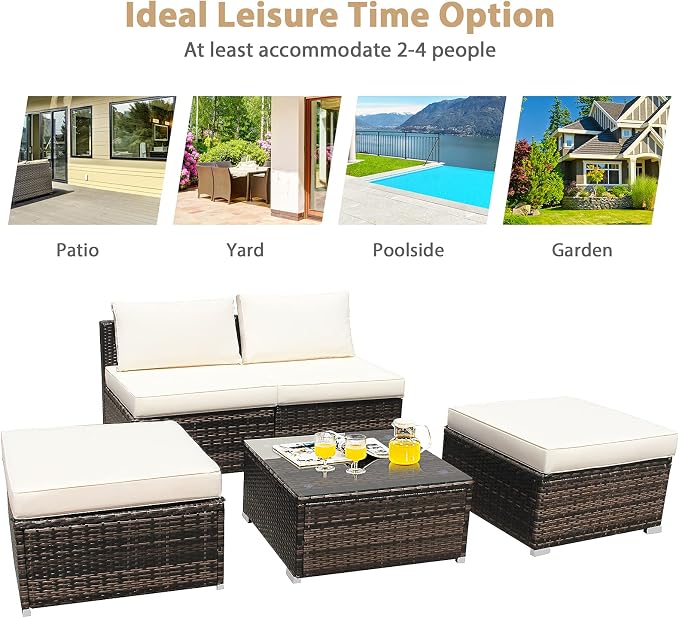 Tangkula 5 Piece Wicker Lounge Chair Set, with Tempered Glass Coffee Table, Outdoor Conversation Sets w/Washable Zippered Cushions, Includes 2 Armless Sofas, 2 Ottomans and 1 Side Table