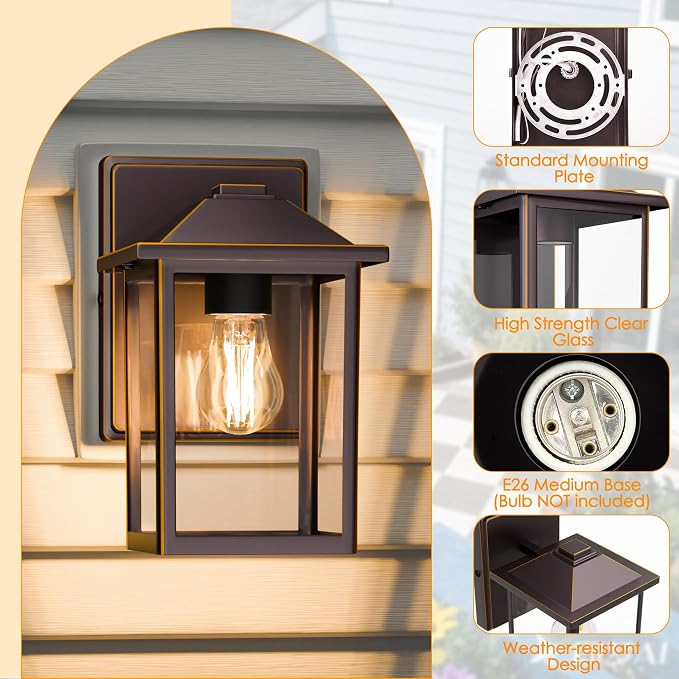 MATAMEYE Outdoor Wall Light Fixture, Exterior Waterproof Porch Lighting | Oil Rubbed Bronze Patio Wall Lantern, Anti-Rust, Clear Glass, E26 Socket, Wall Mount Sconce Lighting, Outside Front Door Lamp