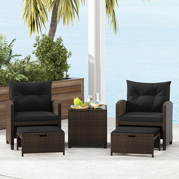 ORALNER 5 Pieces Patio Furniture Set with Ottoman, Wicker Conversation Set w/Cushions, Glass Coffee Table, Outdoor Rattan Lounger Chairs Bistro Set for Porch Balcony Garden Deck Poolside (Black)