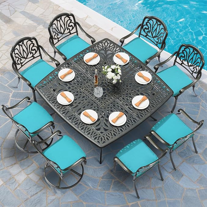 MEETWARM 9-Piece Outdoor Patio Dining Set for 8, All Weather Cast Aluminum Patio Funiture Table and Chairs Set- Large 64" Square Table, 2 Swivel Rocker Chairs, 6 Stationary, Umbrella Hole, Ocean Blue