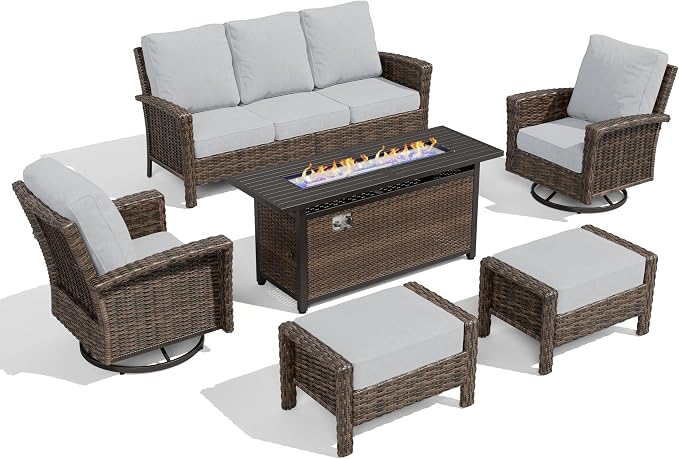HERA'S HOUSE Grey Patio Furniture Set, High Back Wicker Sofa, Swivel Chairs with 5.5" Thick Cushions, 6-Piece Outdoor Seating Conversation Sets with Fire Pit Table & Ottomans for Deck Yard Garden