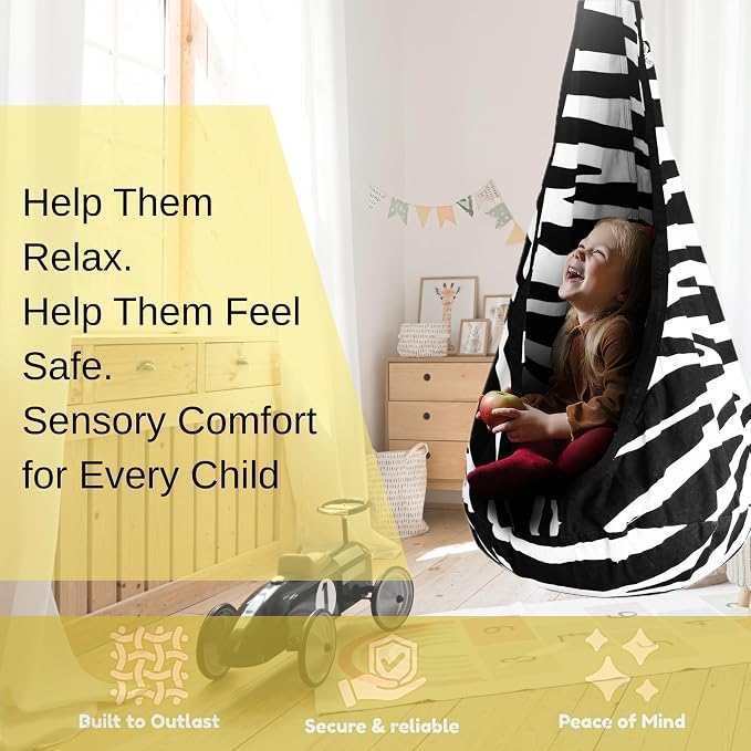 Calming Sensory Swing — Indoor Sensory Hammock for Kids & Adults, Supports up to 170 lb (77 kg), Double-Layer Canvas Fabric, Hanging Hardware Included, Black-White