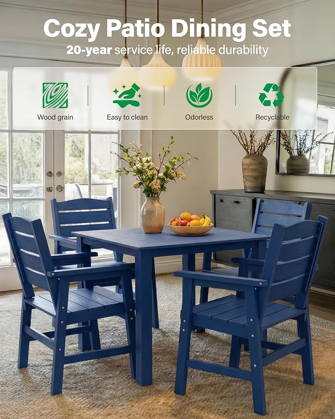 YEFU HIPS Outdoor Table and Chairs : Square Family-Friendly Patio Dining Sets - 5-Piece All-Weather Easy-Clean Outdoor Dining Set - Modern Furniture for Garden Deck Backyard Poolside(Navy)