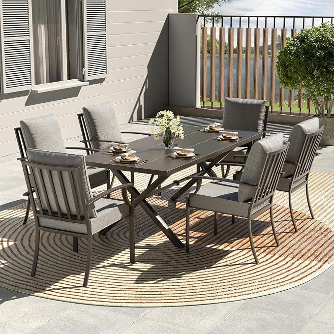 Kullavik 7 Pieces Outdoor Dining Set,Patio Dining Table and Chairs Set for 6,Fence Pattern Back Chairs with Thickened Cushions & Rectangular Metal Dining Table with Umbrella Hole for Patio,Grey