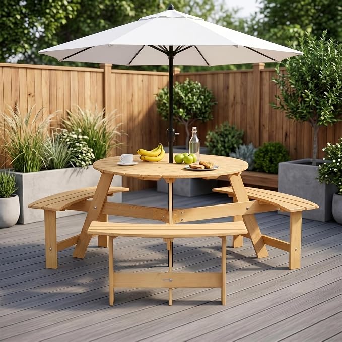 6 Person Wood Dining Table, Outdoor Round Picnic Table with 3 Built-in Benches, Umbrella Hole, Outside Patio Backyard Table and Bench Set, 500lbs Capacity Per Bench (Oak)