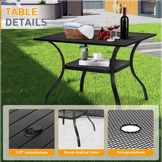 SUNCROWN 5-Piece Outdoor Wrought Iron Chairs and Table Patio Dining Furniture Set - 4 Stackable Metal Chairs, 1 Steel Slat Bistro Table for Garden Backyard Deck