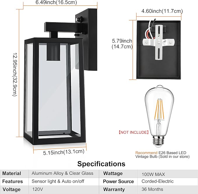 SHINE HAI Dusk to Dawn Outdoor Wall Lantern, Exterior Sconce Fixtures with E26 Sockets & Glass Shades, Waterproof Porch Wall Mount Lighting, Outdoor Lantern for Patio Front Door Entryway, 2 Pack