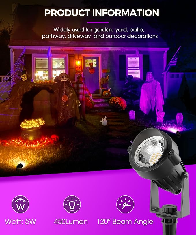 L LOHAS LED Purple Halloween Outdoor Spotlight 5W Dusk to Dawn 2 Pack | Purple Halloween Spotlights with Auto On/Off Function, Outdoor Tree Lighting for Holiday, Yard and Garden Decoration