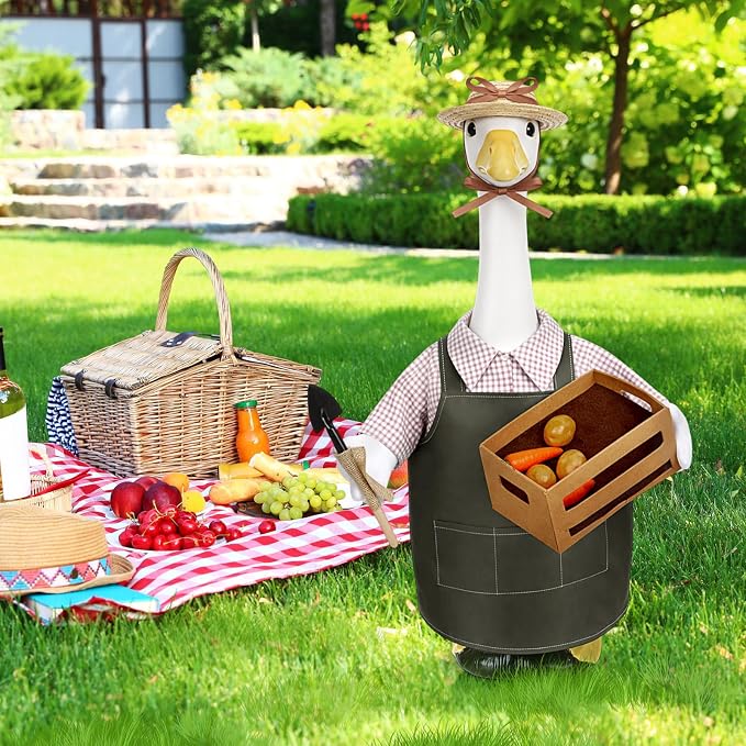 Sower Farmhouse Porch Goose Outfits Gardener 23 Inch Goose Clothes with Hat Basket Shovel Cute Geese Statue Costume for Spring Holiday Outdoor Garden Lawn Yard Patio Decor