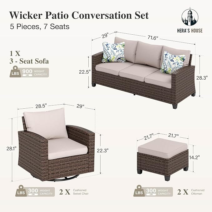 HERA'S HOUSE Wicker Patio Furniture Set, 5 Pieces Outdoor Furniture Set, Deep Seating Patio Conversation Sofa Sets for Lawn Deck Backyard, Blue