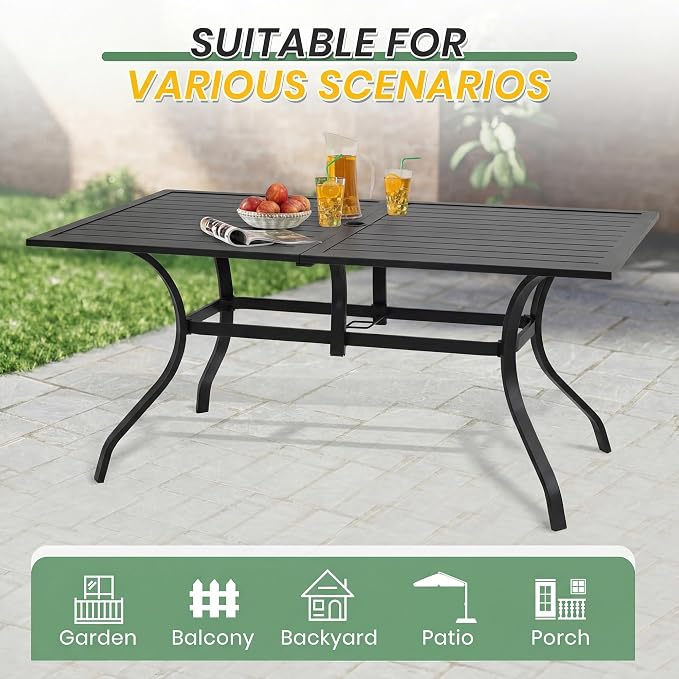 LVUYOYO Outdoor Patio Dining Table, Metal Rectangular Table with Umbrella Hole, All-Weather Furniture for Backyard, Garden,Balcony,Porch (Black)