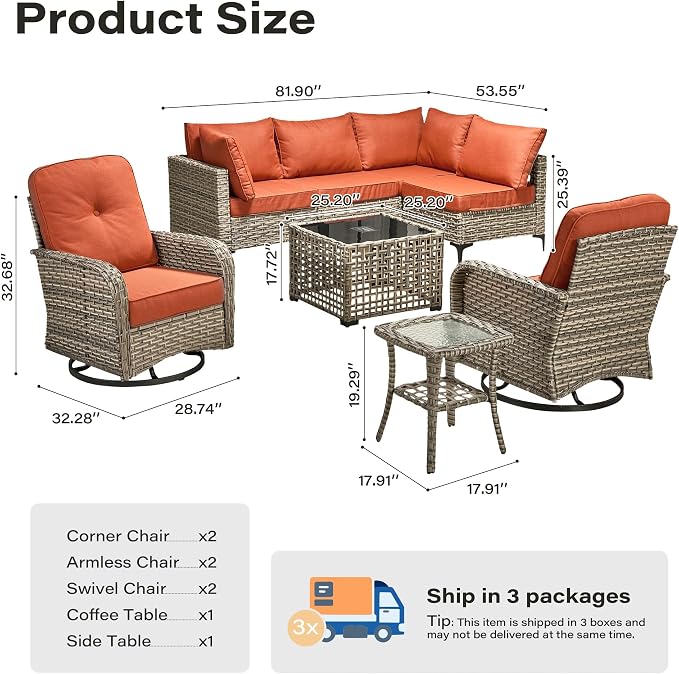 8 Pieces Outdoor Sectional Patio Furniture Set with Swivel Rocking Chairs,Conversation Sets Rattan Wicker L Shaped Couch,Modular Outdoor Sofa for Porch Balcony Backyard Orange
