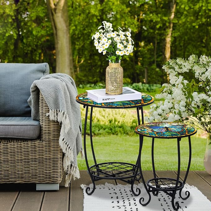Cinnvoice 2 Pcs Outdoor Side Table Small Patio Round Mosaic Accent End Table Indoor Plant Metal Coffee Tea Tables for Patio Yard Porch Garden Living Room(12" and 16",Butterfly Style)