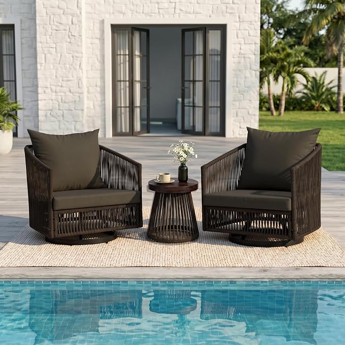 Outdoor Patio Furniture Set, 3 Pieces Outdoor Swivel Chairs with Coffee Table and Thick Cushion, Pe Wicker Rope Furniture Set for Entertaining, Balcony, Garden, Poolside, Coffee