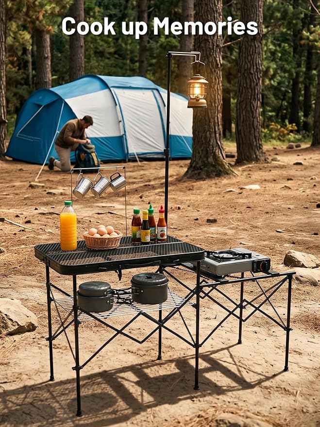 TIMBER RIDGE Portable Camping Kitchen Station, Folding Outdoor Grill Table | 110lbs Capacity Heat-Resistant Steel Mesh Top & Storage Shelves, Heavy Duty Picnic RV Tailgating BBQ Easy Setup