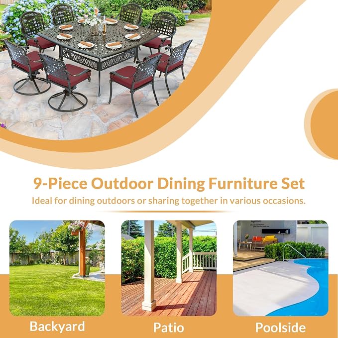 9 Piece Outdoor Patio Dining Set for 8, Cast Aluminium Large Square Dining Table & 2 Swivel Rocker Chairs, 6 Stationary, 8 Cushions, Umbrella Hole, Patio Furniture Set for Garden, Chili Red