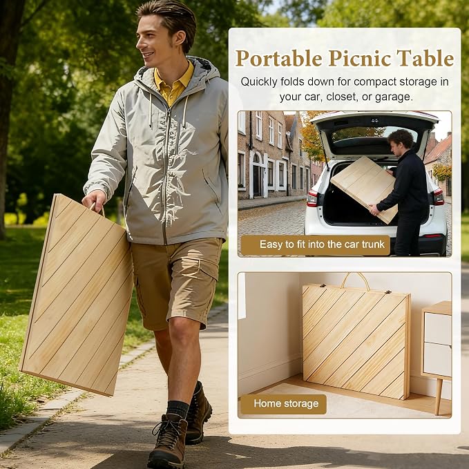 60 x 30'' Folding Picnic Table, Boho Low Picnic Table with Table Runner, No Assembly Required Camping Table Beach Table for Indoor Outdoor Camping, Wedding, Beach, Garden, Party