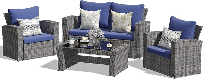 FansaFurn 4-Piece Outdoor Patio Furniture Set, All Weather Wicker Rattan Sectional Sofa Conversation Seating Set with Cushions & Large Glass Coffee Table, Ideal for Garden Backyard Porch, Blue