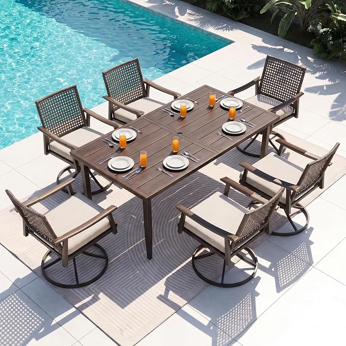 NATURAL EXPRESSIONS 7 Piece Patio Dining Set for 6 Outdoor Furniture Set,6 Pcs Outdoor Rattan Wicker Swivel Chairs with Woodgrain Armrest, 65" Large Dining Table with 1.65'' Umbrella Hole for Garden