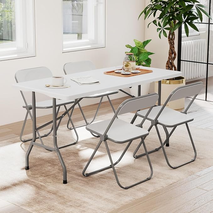 Goplus 5ft Folding Table, Indoor Outdoor Foldable Plastic Folding Tables, Heavy-Duty Rectangular Fold Up Table w/Handle, Portable Utility Card Table for Picnic, Party, Dining, Camping, Beach, White