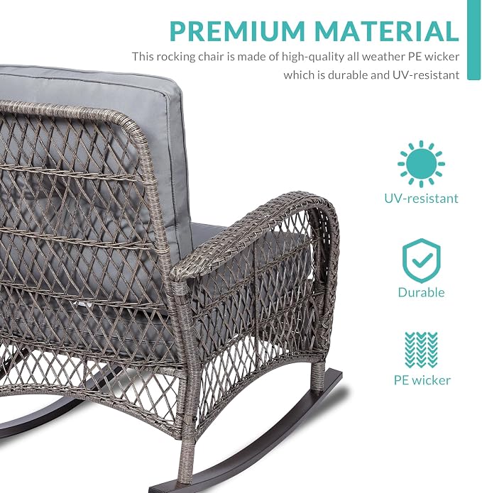 MEETWARM 5-Piece Outdoor Patio Set - Conversation Set with Glider Loveseat, 2 Armchairs & Glass-Top Coffee Table, Thickened Cushions, Gray
