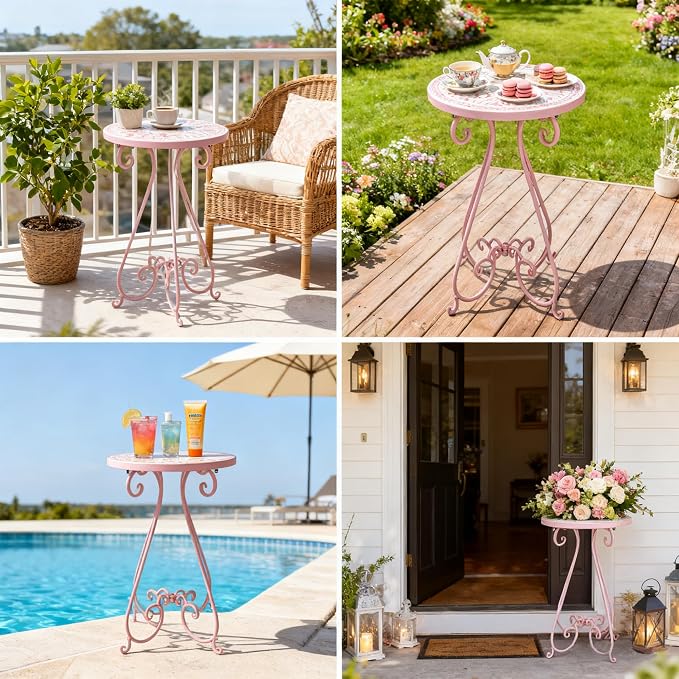 Vintage Outdoor Side Table Round Mosaic Ceramic Tile Top 14" Diameter Metal Plant Stand for Flower Pots Vase Garden Home Porch Pool Indoor Decor Weather Resistant Outside Patio Accent End Furniture