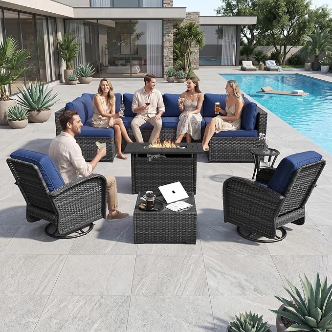 Aoxun 11 Piece Outdoor Patio Furniture Set with 44'' Fire Pit Table, Wicker Rattan Outdoor Furniture with High Back Swivel Rocker Chairs, Outdoor Sofa Set with Thick Cushion & Side Table, Navy Blue