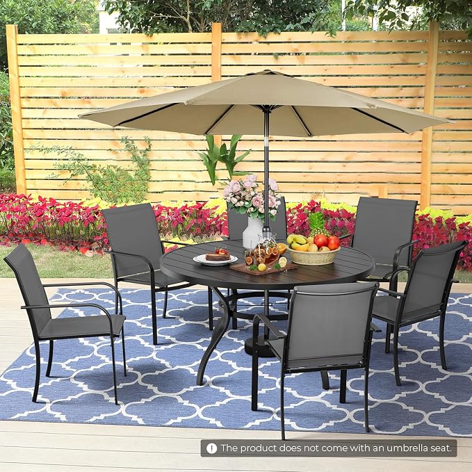 Incbruce 8 PCS Patio Dining Set with Brown Umbrella, Outdoor Dining Set of 6 Textilene Chairs and 53" Round Table with Umbrella Hole for Backyard, Garden, and Poolside (Grey)