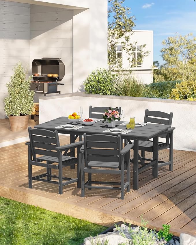 PLUUV 66" Outdoor Dining Table, All-Weather HDPE Rectangular Patio Table with 2” Umbrella Hole, Weatherproof, Grey