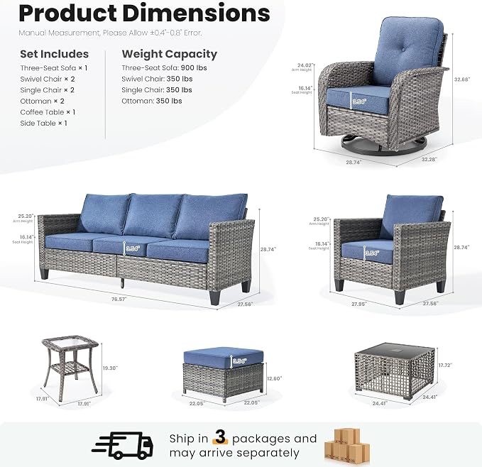 ovios 9 Pieces Patio Furniture Set, Outdoor Wicker Sofa Couch with Swivel Glider Chairs Solar Lights Table, Modern Deep Seat Rattan Conversation Sets for Deck Porch, Denim Blue