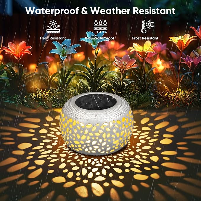Solar Lanterns Outdoor Waterproof: 4 Pack White Hollow Out Metal Solar Lights - 2 Lighting Colors Outside Patio Garden Yard Porch Indoor Tabletop Decorations - Unique Gifts for Women Mom Wife